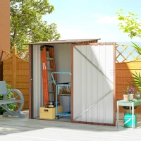Outsunny 3.3' x 3.4' Lean-to Garden Storage Shed, Outdoor Galvanized Steel Tool House with Lockable Door for Patio, Teak(m-8)