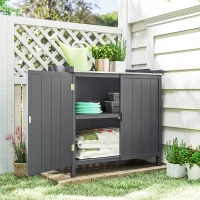 Outsunny Garden Storage Cabinet, Outdoor Potting Bench Table with Galvanized Top and Shelf, Tool Shed with Double Doors, Grey(m-10)