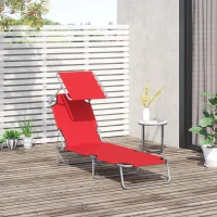 Outsunny Outdoor Lounge Chair, Adjustable Folding Chaise Lounge, Tanning Chair with Sun Shade for Beach, Camping, Hiking, Backyard, Red(m-8)