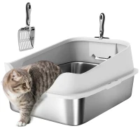 PawHut Cat Litter Box Stainless Steel with Metal Litter Scoop, Never Absorbs Odors, Anti Leakage, 24" x 16" x 12", Grey(m-11)