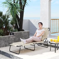 Outsunny Outdoor Lounge Chair, Garden Folding Chaise Lounge w/ Adjustable Backrest, Face Hole and Support Pillow, Beige(m-8)