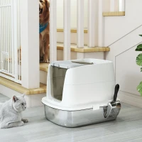 PawHut Large Stainless Steel Litter Box, Enclosed Metal Cat Litter Tray with Scoop, Deodoriser Bag, Front-Entry and Top-Exit(m-10)
