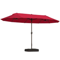 Outsunny 15' Outdoor Patio Umbrella with Twin Canopy Sunshade Steel Table Umbrella with Lift Crank, Cross base, Sandbag, Wine Red(m-2)