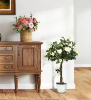 Outsunny 3FT Artificial Plant White Rose Floral in Pot, Fake Plant for Home Indoor Decor(m-7)