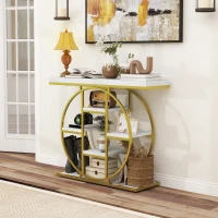 HOMCOM 39.4" Console Table with Storage Shelves, Industrial Sofa Table for Living Room, Hallway, White Marble Effect(m-9)