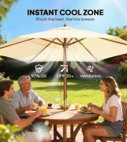 Outsunny 8FT Wood Market Umbrella Patio Umbrella Round Garden Parasol Canopy with Bamboo Ribs and Top Vent, Cream White(m-4)