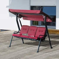 Outsunny 3-Person Porch Swing Chair, Patio Swing Bench with Adjustable Canopy, Removable Thicken Cushion and Weather Resistant Steel Frame for Outdoor, Garden, Poolside, Wine Red(m-8)