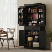 HOMCOM 72" Kitchen Pantry Cabinet, Farmhouse Kitchen Storage Cabinet with 4 Barn Doors, 6 Door Shelves, Drawer, Black(m-1)