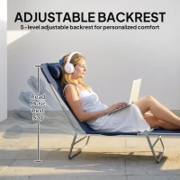 Outsunny Outdoor Lounge Chair, Portable Adjustable Reclining Seat Folding Chaise Lounge Patio Camping Beach Tanning Chair Bed with Pillow, Dark Blue(m-4)