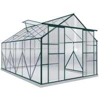 Outsunny Aluminium Greenhouse Polycarbonate Walk-in Garden Greenhouse Kit with Adjustable Roof Vent, 8 x 12ft, Green(m-2)