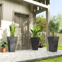 Outsunny 28" Tall Planters, Set of 3 Plastic Flower Pots with Marble Finish and Drainage Holes, Stackable Taper Planters, Black(m-10)