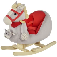 Qaba Kids Ride-On Rocking Horse Toy, Rocker with Lullaby Song, Hand Puppets & Soft Plush Fabric for Children 18-36 Months, Gray(m-1)
