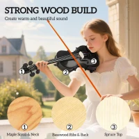 HOMCOM 4/4 Full Size Violin, Wood Acoustic Violin Set for Beginners, Adults, with Case, Rosin, Shoulder Rest, Black(m-5)