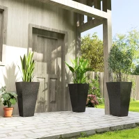 Outsunny 28" Tall Planters, Set of 3 Plastic Flower Pots with Marble Finish and Drainage Holes, Stackable Taper Planters, Brown(m-10)
