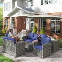 Outsunny 6 Pieces Wicker Patio Furniture Set with Cushions, 7-Seater Rattan Patio Sofa Set with Storage Table, Navy Blue(m-8)