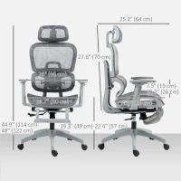 HOMCOM Mesh Office Chair with 3D Armrest, High Back Desk Chair with Lumbar Support, 135° Reclining, Adjustable Headrest, Grey(m-3)