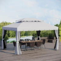 Outsunny 13' x 10' Outdoor Patio Gazebo Canopy with 2-Tier Polyester Roof  Vented Mesh Sidewall & Strong Aluminum Frame Grey(m-8)