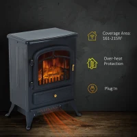 HOMCOM 16" Freestanding Electric Fireplace Heater Fire Stove with Wood Burning Flame 750/1500W Black(m-5)