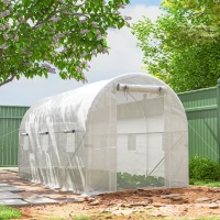 Outsunny Hoop House Greenhouse, Walk-in Tunnel Greenhouse with 2 Support Rods, Zippered Roll-up Mesh Door, 14.6'x6.5'x6.6', White(m-10)