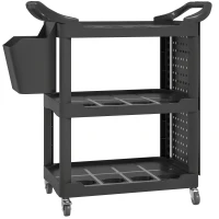 HOMCOM 3-Tier Rolling Tool Cart, 200 LBS Capacity Plastic Utility Cart with Side Shelf and Storage Bucket, Black(m-11)