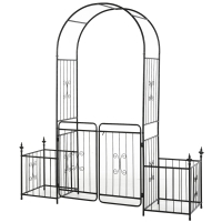 Outsunny 86" Garden Arch Arbor, Metal Arch Trellis with Gate and Planter Baskets, Garden Archway for Climbing Vines, Wedding Ceremony Decoration, Flourishes & Arrow Tips, Black