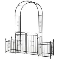 Outsunny 86" Garden Arch Arbor, Metal Arch Trellis with Gate and Planter Baskets, Garden Archway for Climbing Vines, Wedding Ceremony Decoration, Flourishes & Arrow Tips, Black(m-1)