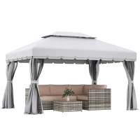 Outsunny 13' x 10' Outdoor Patio Gazebo Canopy with 2-Tier Polyester Roof  Vented Mesh Sidewall & Strong Aluminum Frame Grey(m-2)