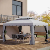 Outsunny 13' x 10' Outdoor Patio Gazebo Canopy with 2-Tier Polyester Roof  Vented Mesh Sidewall & Strong Aluminum Frame Grey(m-1)