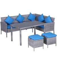 Outsunny 5 Pieces Wicker Patio Conversation Dining Furniture Set with Cushions, Table and Ottomans, Bright Blue(m-2)