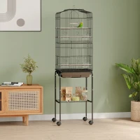 PawHut 60" Metal Indoor Bird Cage Starter Kit with Detachable Rolling Stand, Storage Basket, and Accessories, Black(m-10)