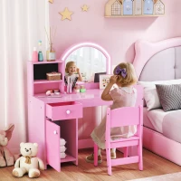 Qaba Kids Vanity Set, Toddler Dressing Table and Chair Set  with Lighted Mirror, Cabinet, Drawer and Shelves, Pink(m-1)