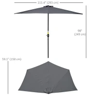 Outsunny 9.8ft Half Umbrella Semi Round Patio Parasol with Crank Handle, Top Vent for Garden, Balcony- NO BASE INCLUDED, Grey(m-3)