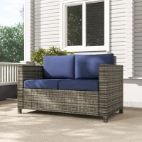 Outsunny Wicker Outdoor Sofa, All Weather Patio Couch Loveseat with Cushions for Balcony, Deck, Garden, Poolside, Dark Blue(m-7)
