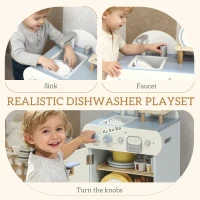 Qaba Wooden Dishwasher Playset, Play Sink Toys with Faucet, Turning Knobs and Accessories, Gift for Boys Girls Toddlers(m-4)