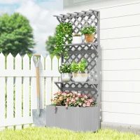 Outsunny Raised Garden Bed, Wooden Planter with Trellis, Hanging Roof, Plant Shelf, Drainage Holes and Bed Liner, Grey(m-10)