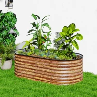 Outsunny 5 x 2.5 x 2 ft Galvanized Raised Garden Bed, Easy DIY Oval Planter Box with Safety Edging and Gloves, Brown Wood Effect(m-8)