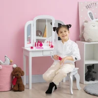 Qaba Kids Vanity Table & Chair Set, Girls Dressing Set, Make Up Desk with Tri-folding Mirrors, Drawer, White(m-1)