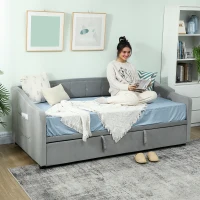 HOMCOM Upholstered Twin Size Trundle Bed, Velvet Twin to King Day Bed with Pop Up Trundle, Headboard and 2 Pockets, Light Grey(m-9)