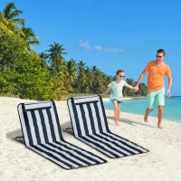 Outsunny 2 Pieces Beach Lounge Chair, Outdoor Folding Chaise Lounge Set w/ Pillow for Sunbath, Snap, Blue and White(m-8)