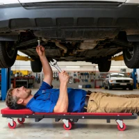 HOMCOM Automotive Z Creeper Seat, 2-in-1 330 lbs Rolling Garage Mechanic Creeper & Stool with Pad, 6 Wheels, Red(m-8)