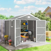 Outsunny 8' x 6' Plastic Garden Storage Shed with Latch Door, Vents, Sloped Roof, Light Grey(m-8)