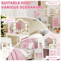 Qaba Kids Vanity Table and Chair Set with Lights, Makeup Dressing Table with Tri-Fold Mirror for Ages 3-8 Years, White(m-9)