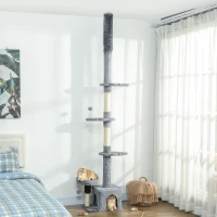 PawHut Floor to Ceiling Cat Tree, 4 Tiers Tall Kitty Climbing Tower with Scratching Post, Adjustable Height 87-100"(m-8)