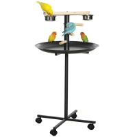 PawHut Portable Bird Play Stand, Parrot Perch Bird Feeder Station with Wheels, Stainless Steel Feeding Bowls, Tray, Gray(m-1)