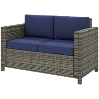 Outsunny Wicker Outdoor Sofa, All Weather Patio Couch Loveseat with Cushions for Balcony, Deck, Garden, Poolside, Dark Blue(m-2)