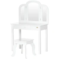 Qaba Kids Vanity Table & Chair Set, Girls Dressing Set, Make Up Desk with Tri-folding Mirrors, Drawer, White(m-11)
