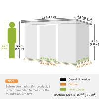 Outsunny 9' x 4' Garden Metal Storage Shed Outdoor Equipment Tool Box with Foundation Kit, Ventilation & Doors, Light Grey(m-3)