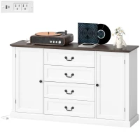 HOMCOM Farmhouse Sideboard with Charging Station, 58" Buffet Cabinet, Kitchen Storage Cabinet with 4 Drawers, 2 Doors, White(m-2)