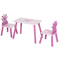 Qaba 3-Piece Kids Wooden Table and Chair Set with Crown Pattern Gift for Girls Toddlers Arts Reading Writing Age 2-4 Years Pink(m-11)