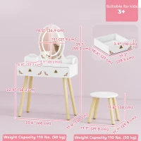 Qaba Kids Vanity Set with Mirror, Stool, 3-Colour LED Lights, Girls Dressing Table Pretend Play for Kids Room, Pink(m-3)